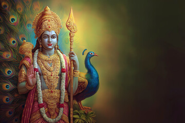 Fototapeta premium Divine image of Murugan holding Vel spear, peacock by his side, traditional South Indian background.