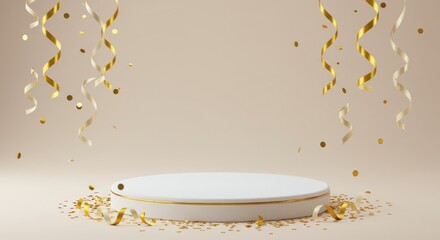 White podium with gold confetti and streamers against a beige background.