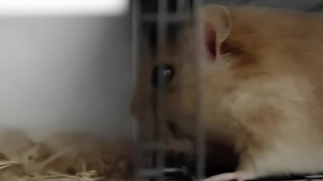 Captivating rodent encounter: A curious gerbil in a cage gnawing on a piece of food