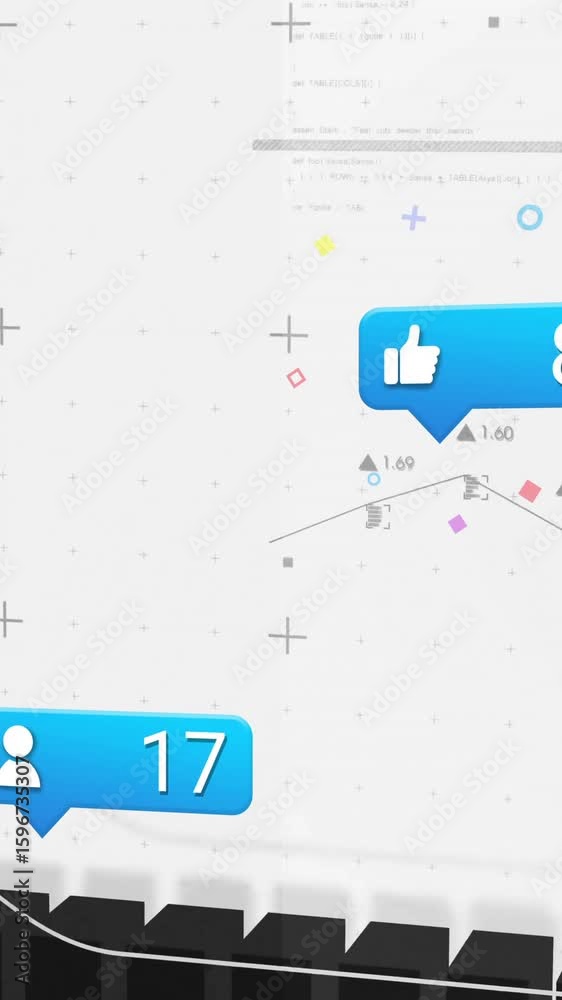 Poster social media notifications over abstract data charts and graphs animation