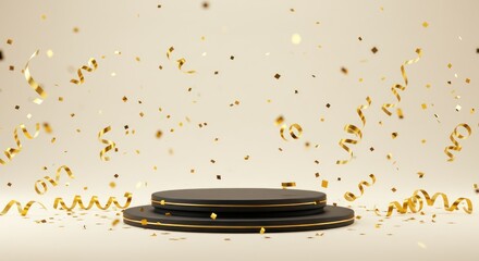 Round black podium with golden accents surrounded by gold confetti on beige background.