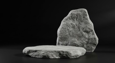 Two gray rocks one flat and one upright against a dark background.