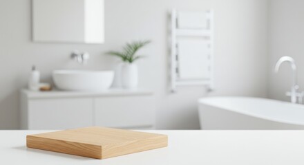 Bathroom interior with sink bathtub and wooden board on white surface.
