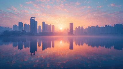 Serene sunrise cityscape reflected in tranquil water, creating a captivating, symmetrical composition.