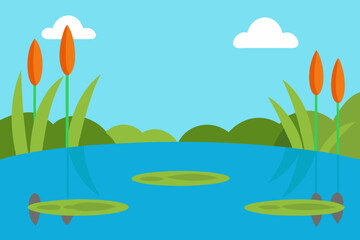 Fototapeta premium A Serene Pond Scene With Cattails And Lily Pads