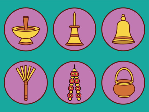 Colorful Hindu Puja Items Vector Illustration Mortar and Pestle, Bell, and More
