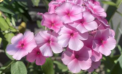 Delicate pink phlox flowers bloom in lush inflorescences, creating a bright accent in the garden. Each petal seems to glow, inviting you to plunge into the scent of summer