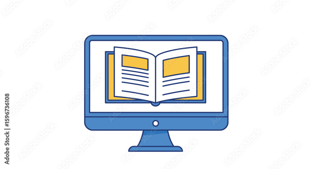 Fototapete online learning concept with open book on computer screen in modern flat design