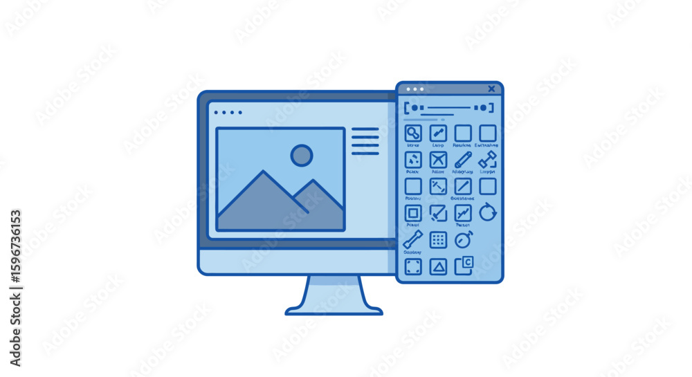 Fototapete blue monochrome computer with flat graphic design interface icons