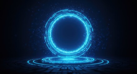 Glowing blue circular portal with energy effects on a dark background.
