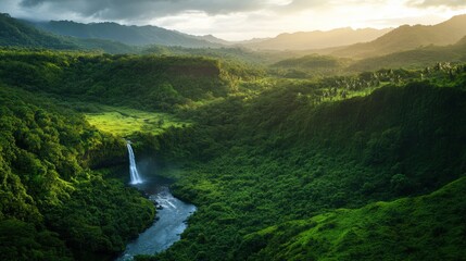 Lush tropical valley with a cascading waterfall.