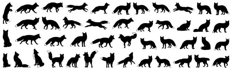 Fox silhouette set showing running, sitting, standing, and jumping poses with bushy tails. Suitable for wildlife designs, forest animal projects