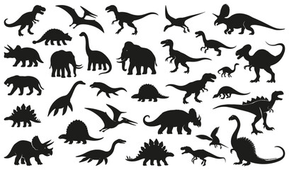 Dinosaur silhouettes with various prehistoric animals such as T-Rex, Triceratops, Stegosaurus, Mammoth, and Pterodactyl. Perfect for science projects, educational designs, and kids’ graphics