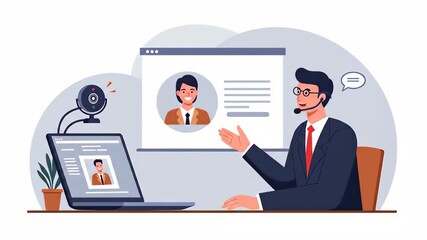 Flat vector a businessman engages in an online meeting, utilizing video call technology for remote communication and business collaboration - Powered by Adobe