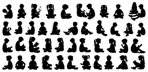 Children silhouettes in seated positions reading, playing, and drawing. Ideal for educational designs, parenting themes, and school projects