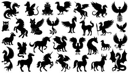 Mythical animals silhouettes including dragons, unicorns, griffins, phoenixes, and fantasy creatures. Great for fairy tale designs, fantasy projects, and game illustrations