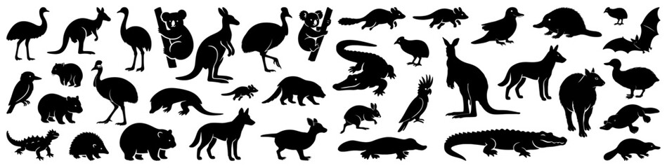 Australian animals silhouettes including kangaroos, koalas, emus, crocodiles, wombats, and platypuses. Ideal for wildlife designs, zoo themes, and educational materials