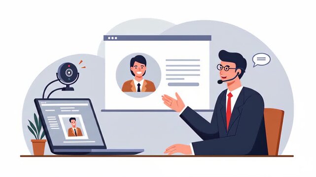 Flat vector a businessman engages in an online meeting, utilizing video call technology for remote communication and business collaboration
