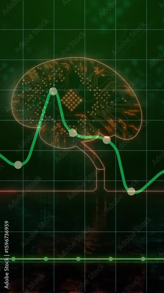 Poster animation of brain with fluctuating graph over digital grid for data analysis