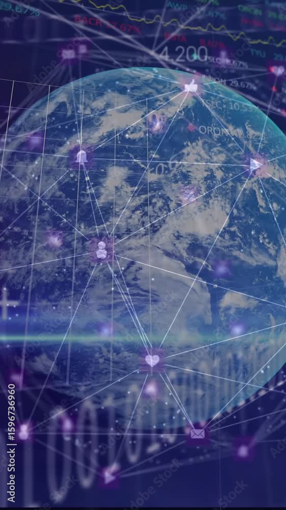 Poster Digital globe with network connections and binary code over financial data animation