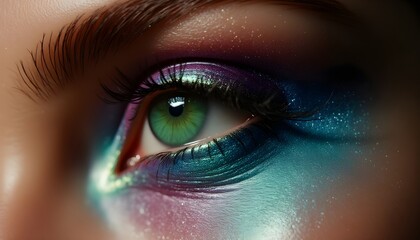 A close-up of a beautiful green female eye, worked on by a revolutionary makeup artist who offered an original, unusual and very stylish rainbow makeup for young fashionable advanced women