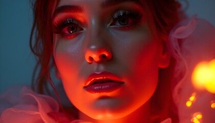 Close-up of a stunningly beautiful woman with flawless makeup, piercing eyes, glossy lips and glowing skin in a combination of warm gold, pink and cool neon accents