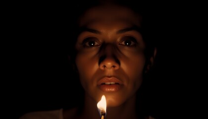 A woman calmly lights a match in complete darkness, her face illuminated only by the sudden flame as smoke curls upward and the shadows dance across her cheekbones