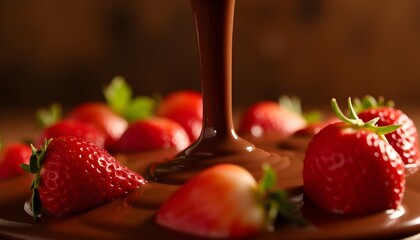 Close-up of a stream of melted chocolate falling on ripe strawberries, glossy textures and vibrant red-brown contrasts in warm, luxurious lighting, mouth-watering advertisement for a gourmet dessert