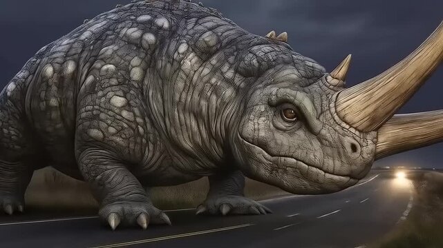 Conceptual fusion of prehistoric behemoth and modern infrastructure in twilight