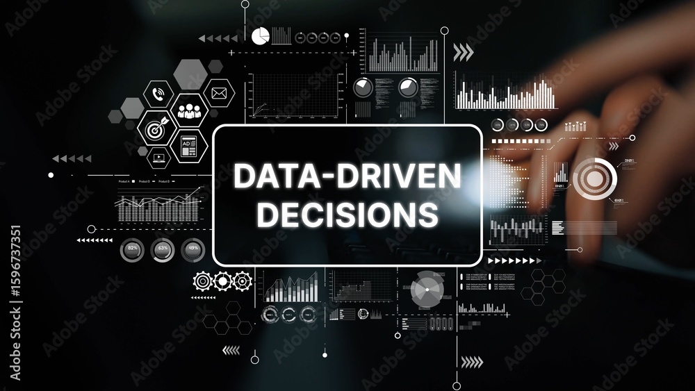 Poster data-driven decisions with analytics visuals and interactive elements for business intelligence. asy