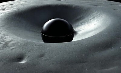 Dark sphere in a crater on a grey moon