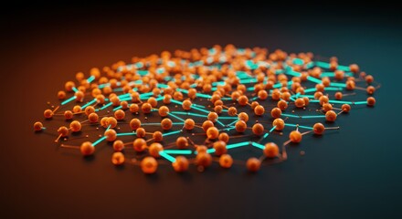 Obraz premium Orange spheres and teal lines form a complex network
