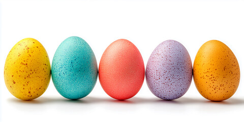 Obraz premium Five colorful glitter easter eggs in a row on a white background
