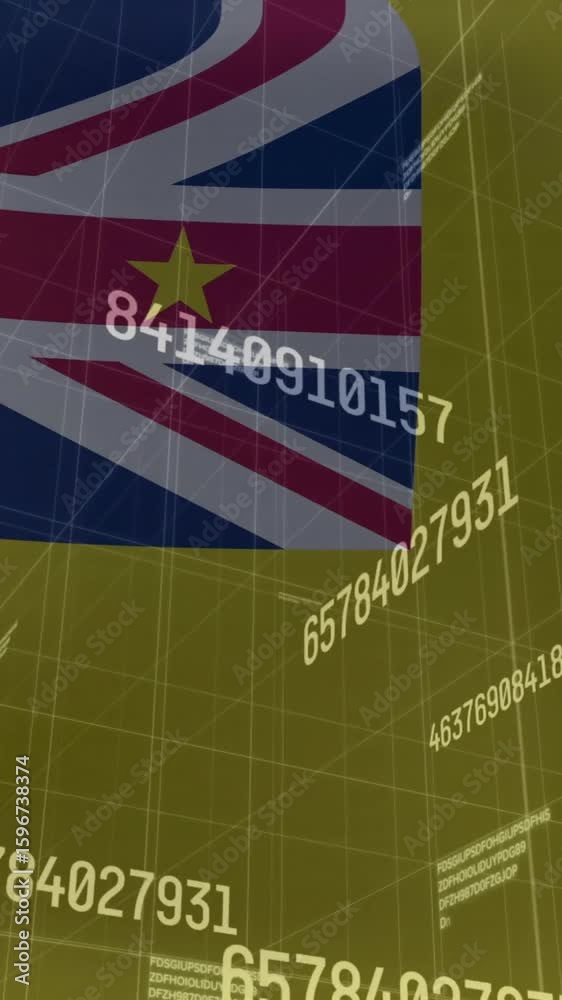 Poster waving niue flag with animation of floating numerical data over digital grid
