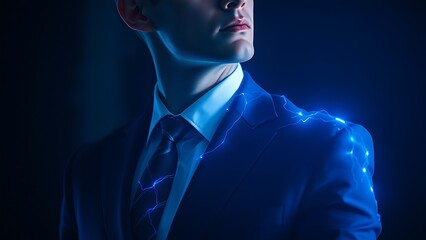 A business professional with an electric blue aura effect, exuding energy and confidence.
