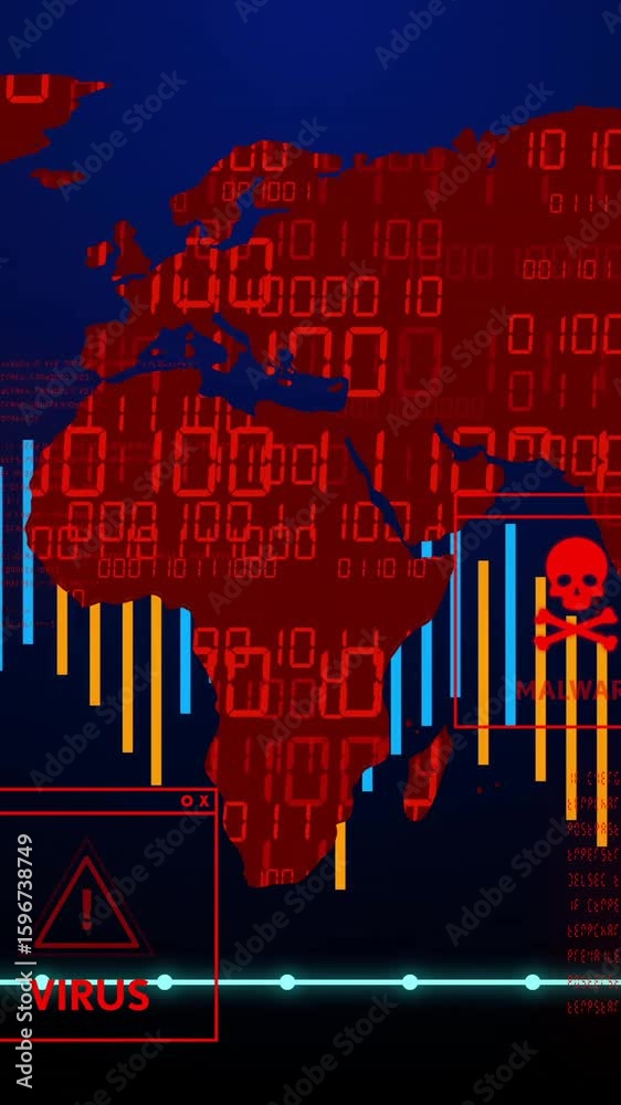 Poster animation of world map with digital virus alerts and data graphs in red