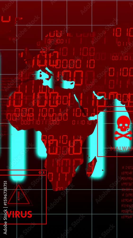 Poster Animation of digital world map displaying virus warnings over binary code backdrop