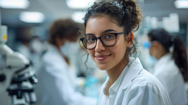 Young scientist in lab coat smiles, conducting research with colleagues. Diverse team collaboration.