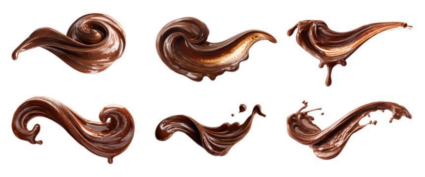 Melted brown chocolate drip swirl or smear isolated PNG for dessert and food design.