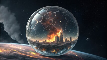 City inside a broken dome in space faces disaster and fire from a global event
