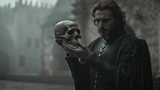 Hamlet holding Yorick's skull in the misty courtyard of Elsinore Castle, wearing black mourning clothes, overcast sky, dramatic shadows, Renaissance setting, deep emotional tone