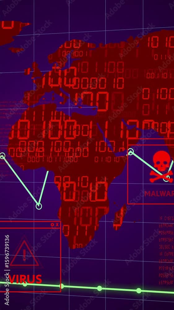Poster animation showing virus and malware alerts on world map with fluctuating data lines