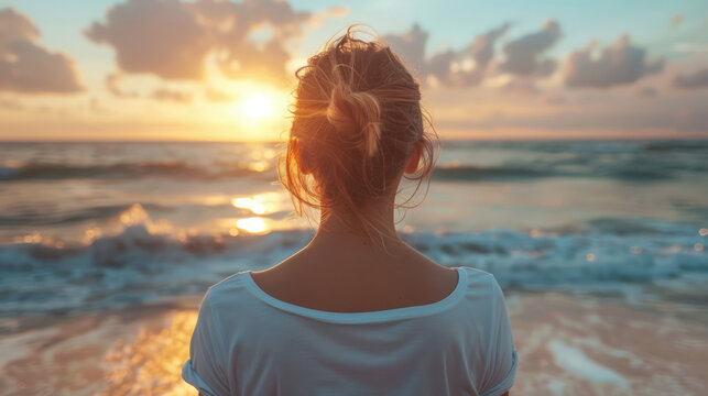 Woman watching sunrise over the ocean. Contemplative mood, enjoying nature's beauty and peaceful atmosphere.