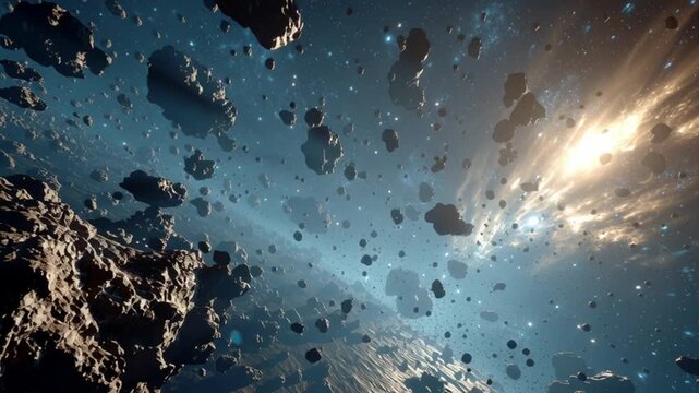 epic wide shot, fpv drone flying through dense asteroid field in space, IMAX film camera, mm fisheye lens, ultra-wide cinematic frame, high contrast
