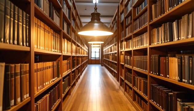 Long library aisle filled with books