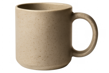 Speckled beige ceramic mug with textured surface, sitting on transparent backdrop, highlighting minimalist design aesthetic