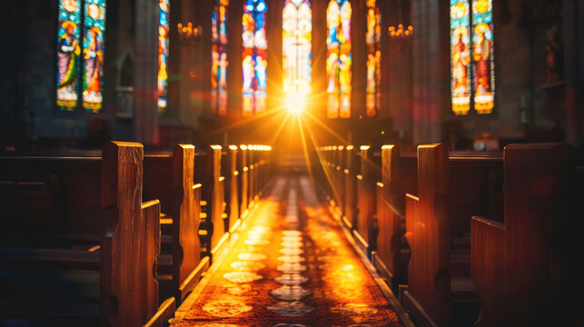 Sunlight through stained glass illuminates church pews and carpet, creating a serene and spiritual scene.
