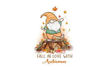  Fall in Love with Autumn Cute Fall Gnome with Pumpkin Watercolor Artwork Sublimation design