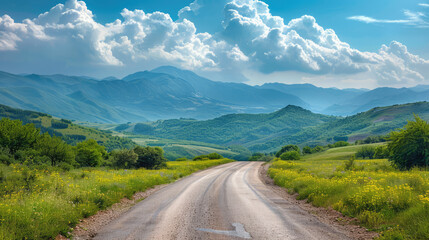 Fototapeta premium Scenic view of a gravel road leading through grassy hills towards distant mountains under a cloudy sky.