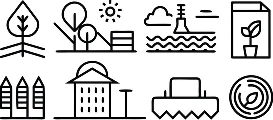 Fototapeta premium Set of gardening tools vector icons with silhouettes and illustrations including garden equipment and machinery symbols